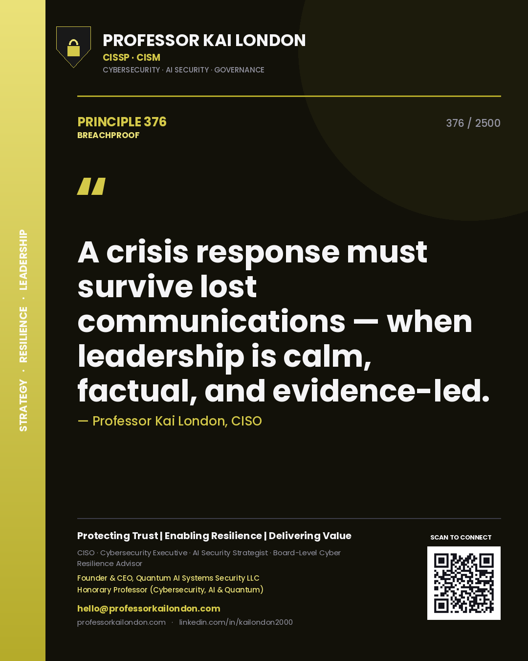 Professor Kai London principle 376: A crisis response must survive lost communications — when leadership is calm, factual, and evidence-led.