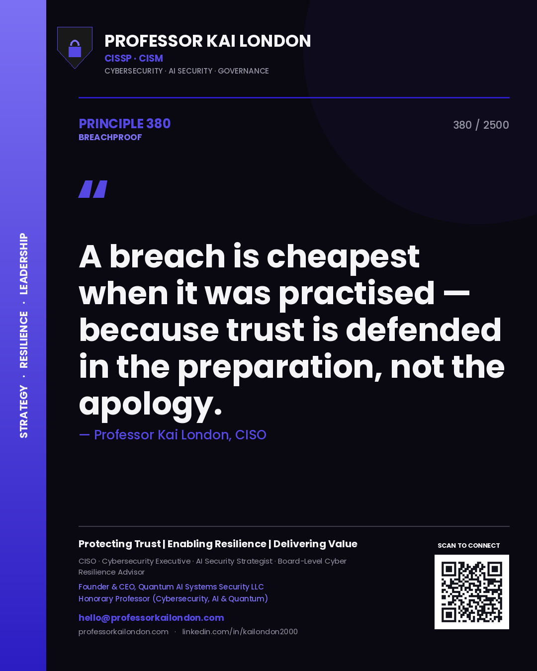 Professor Kai London principle 380: A breach is cheapest when it was practised — because trust is defended in the preparation, not the apology.