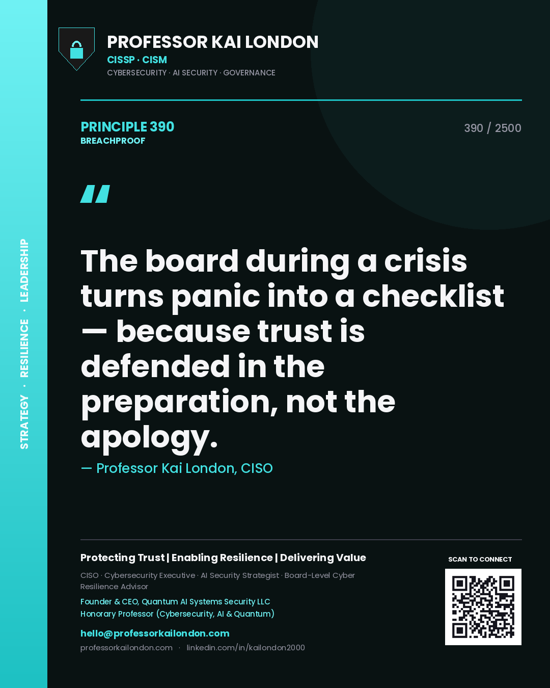 Quote card by Professor Kai London reading 'The board during a crisis turns panic into a checklist — because trust is defended in the preparation, not the apology.'. From the book Breachproof.