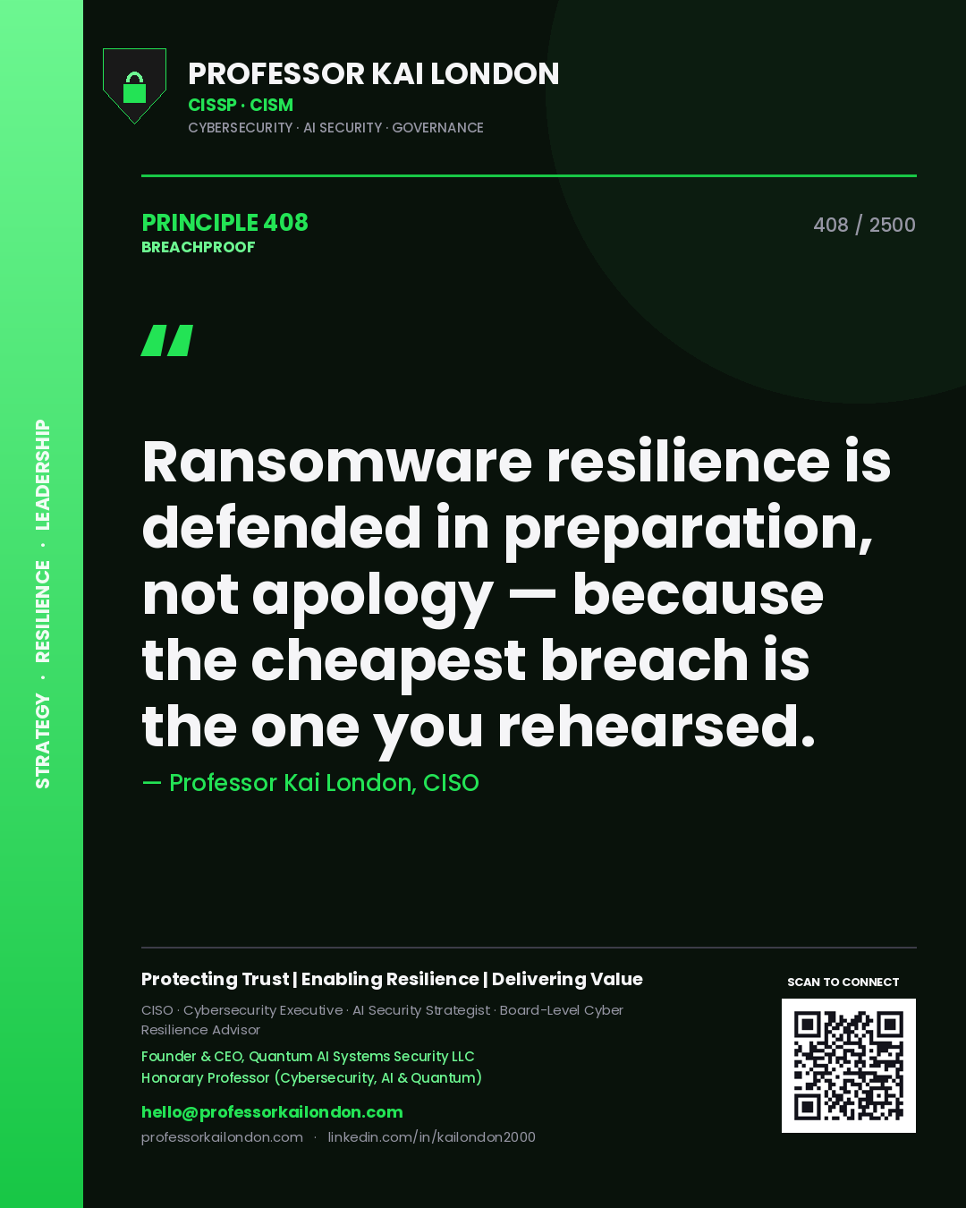 Professor Kai London principle 408: Ransomware resilience is defended in preparation, not apology — because the cheapest breach is the one you rehearsed.