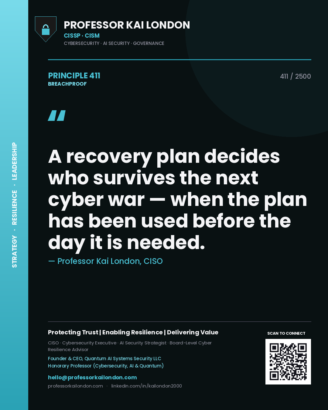Quote card by Professor Kai London reading 'A recovery plan decides who survives the next cyber war — when the plan has been used before the day it is needed.'. From the book Breachproof.