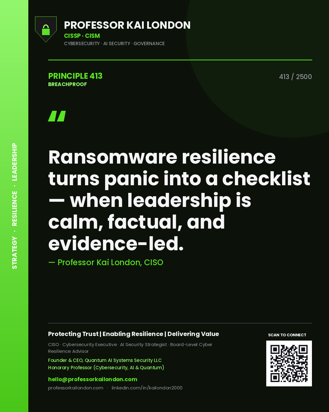 Professor Kai London principle 413: Ransomware resilience turns panic into a checklist — when leadership is calm, factual, and evidence-led.