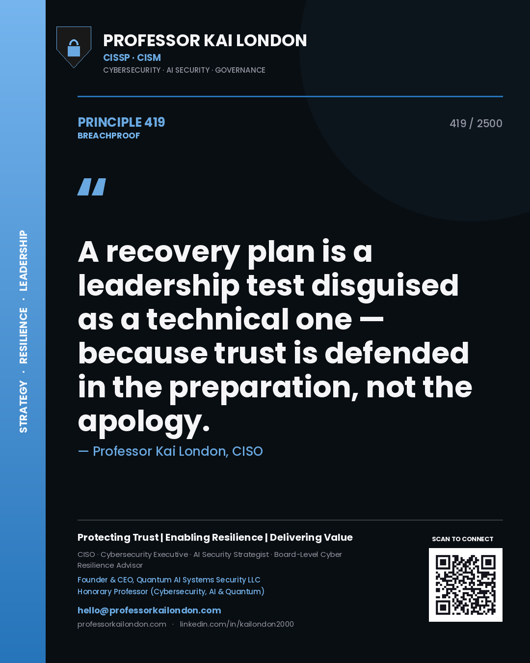 Professor Kai London principle 419: A recovery plan is a leadership test disguised as a technical one — because trust is defended in the preparation, not the apology.