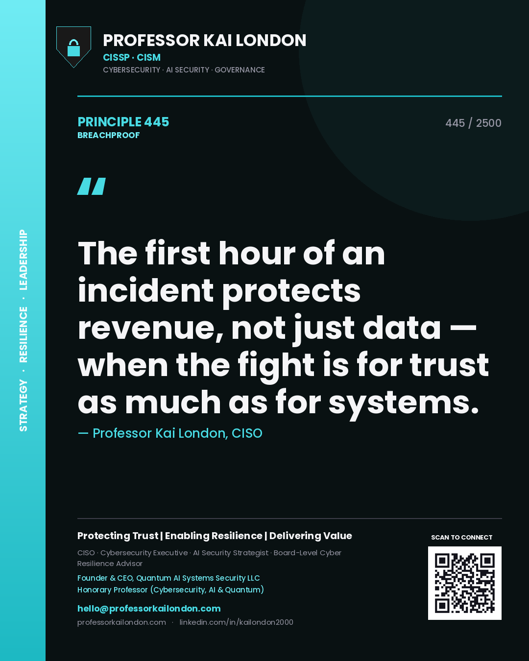 Professor Kai London principle 445: The first hour of an incident protects revenue, not just data — when the fight is for trust as much as for systems.