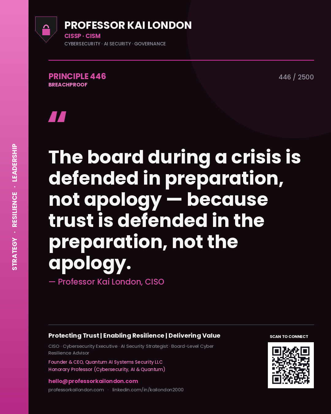 Quote card by Professor Kai London reading 'The board during a crisis is defended in preparation, not apology — because trust is defended in the preparation, not the apology.'. From the book Breachproof.