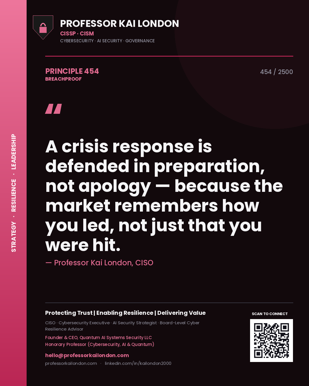 Professor Kai London principle 454: A crisis response is defended in preparation, not apology — because the market remembers how you led, not just that you were hit.