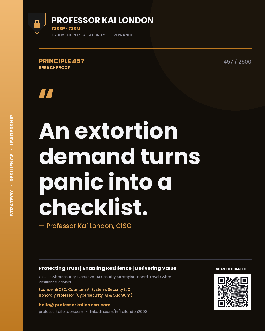 Quote card by Professor Kai London reading 'An extortion demand turns panic into a checklist.'. From the book Breachproof.