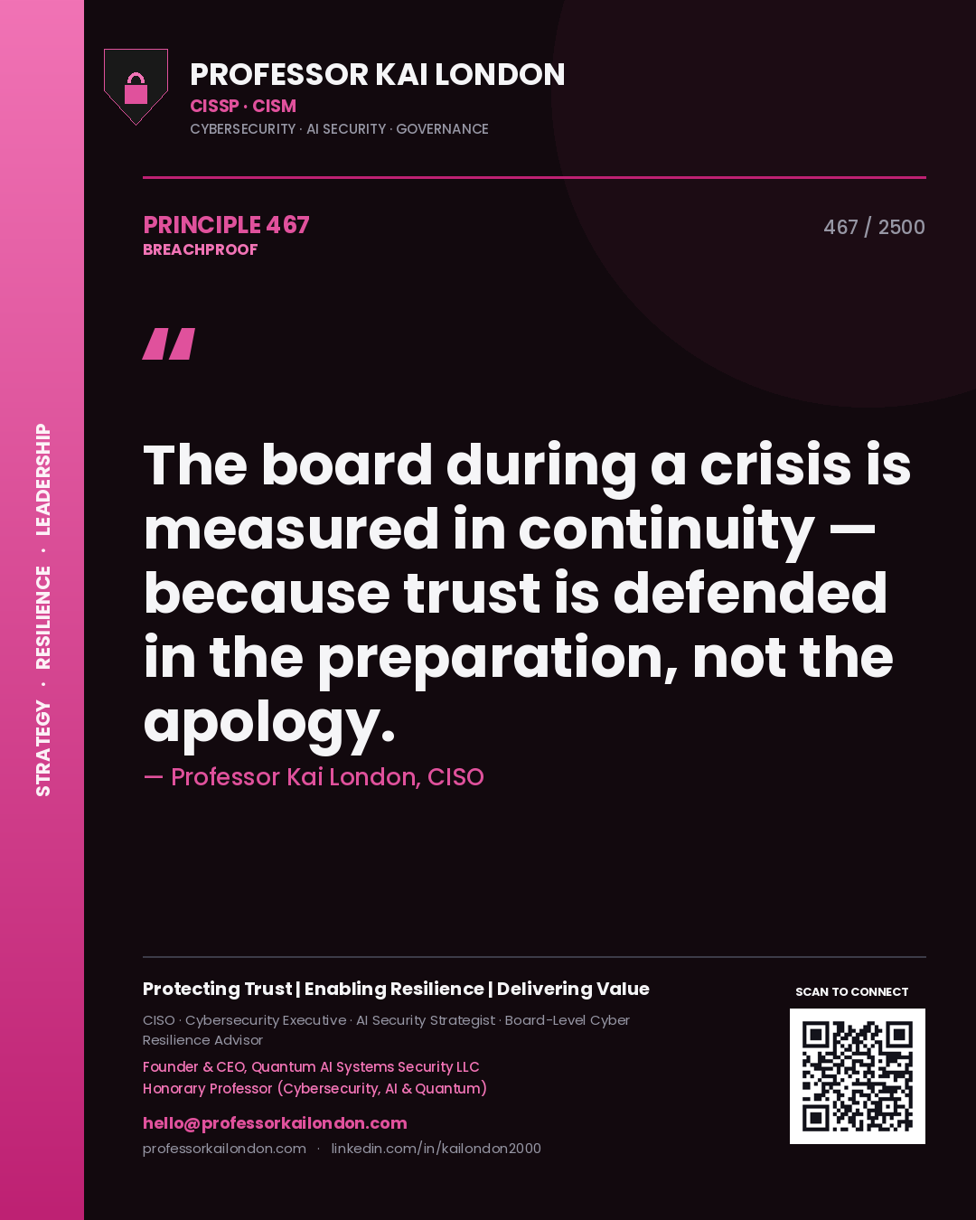Professor Kai London principle 467: The board during a crisis is measured in continuity — because trust is defended in the preparation, not the apology.