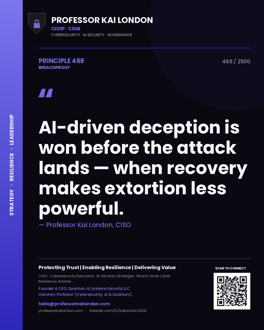 Quote card by Professor Kai London reading 'AI-driven deception is won before the attack lands — when recovery makes extortion less powerful.'. From the book Breachproof.
