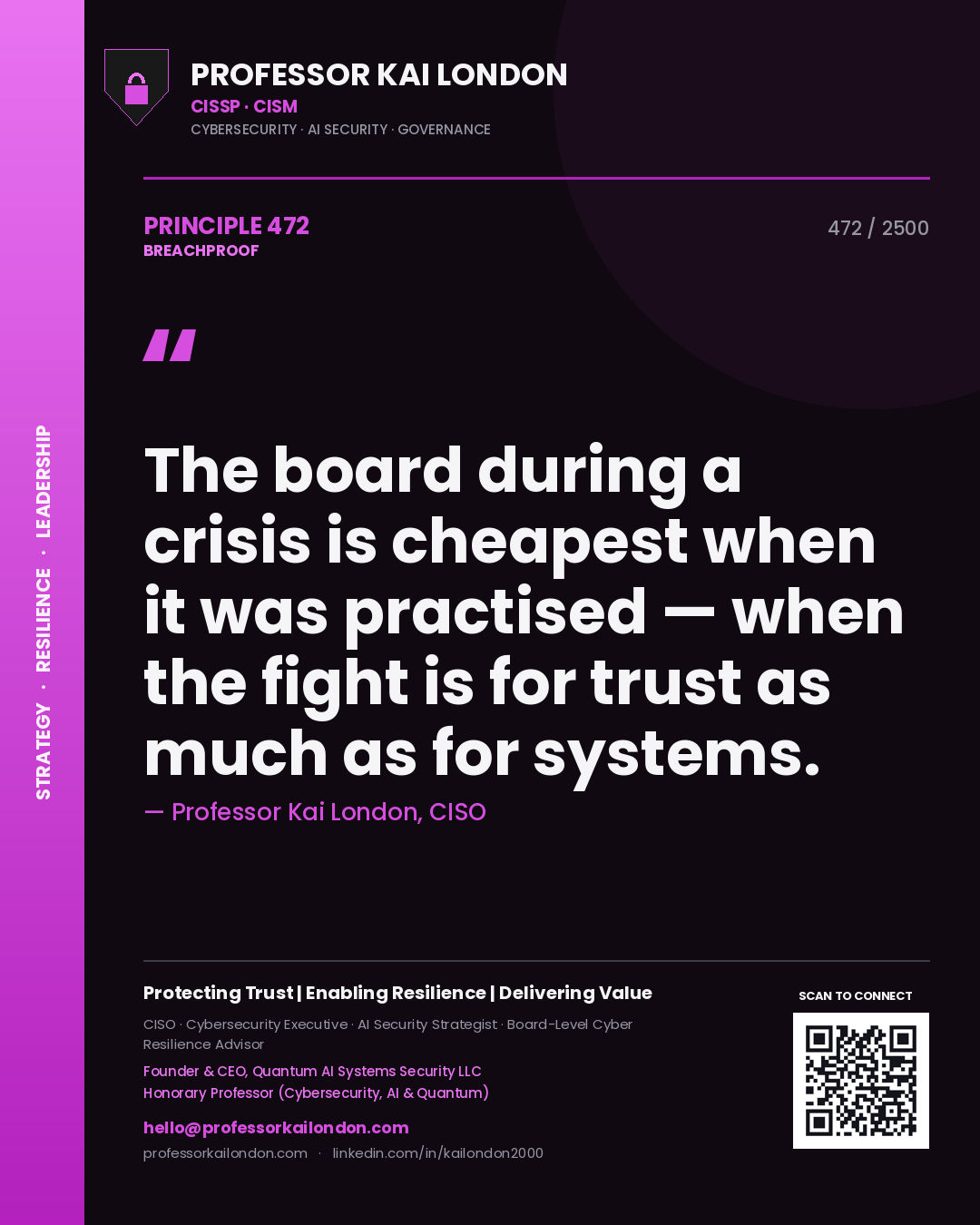 Quote card by Professor Kai London reading 'The board during a crisis is cheapest when it was practised — when the fight is for trust as much as for systems.'. From the book Breachproof.