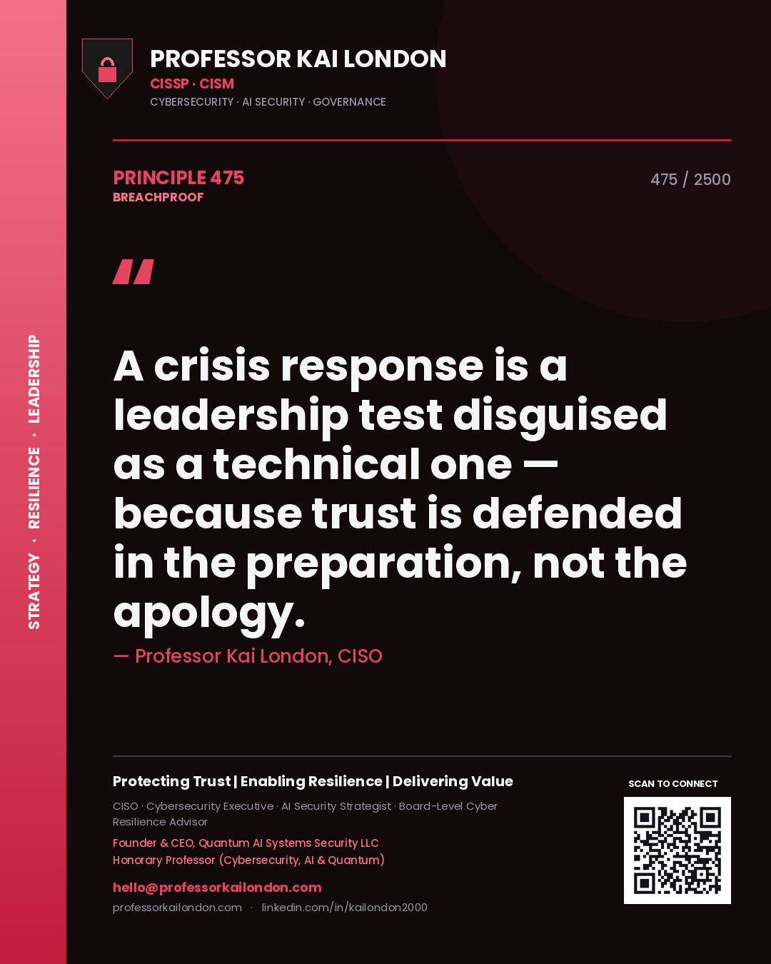 Professor Kai London principle 475: A crisis response is a leadership test disguised as a technical one — because trust is defended in the preparation, not the apology.