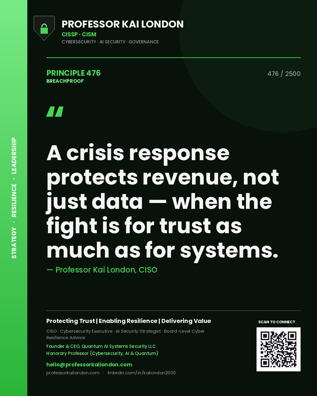 Professor Kai London principle 476: A crisis response protects revenue, not just data — when the fight is for trust as much as for systems.