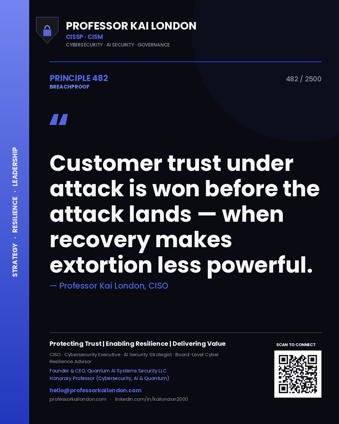 Professor Kai London principle 482: Customer trust under attack is won before the attack lands — when recovery makes extortion less powerful.