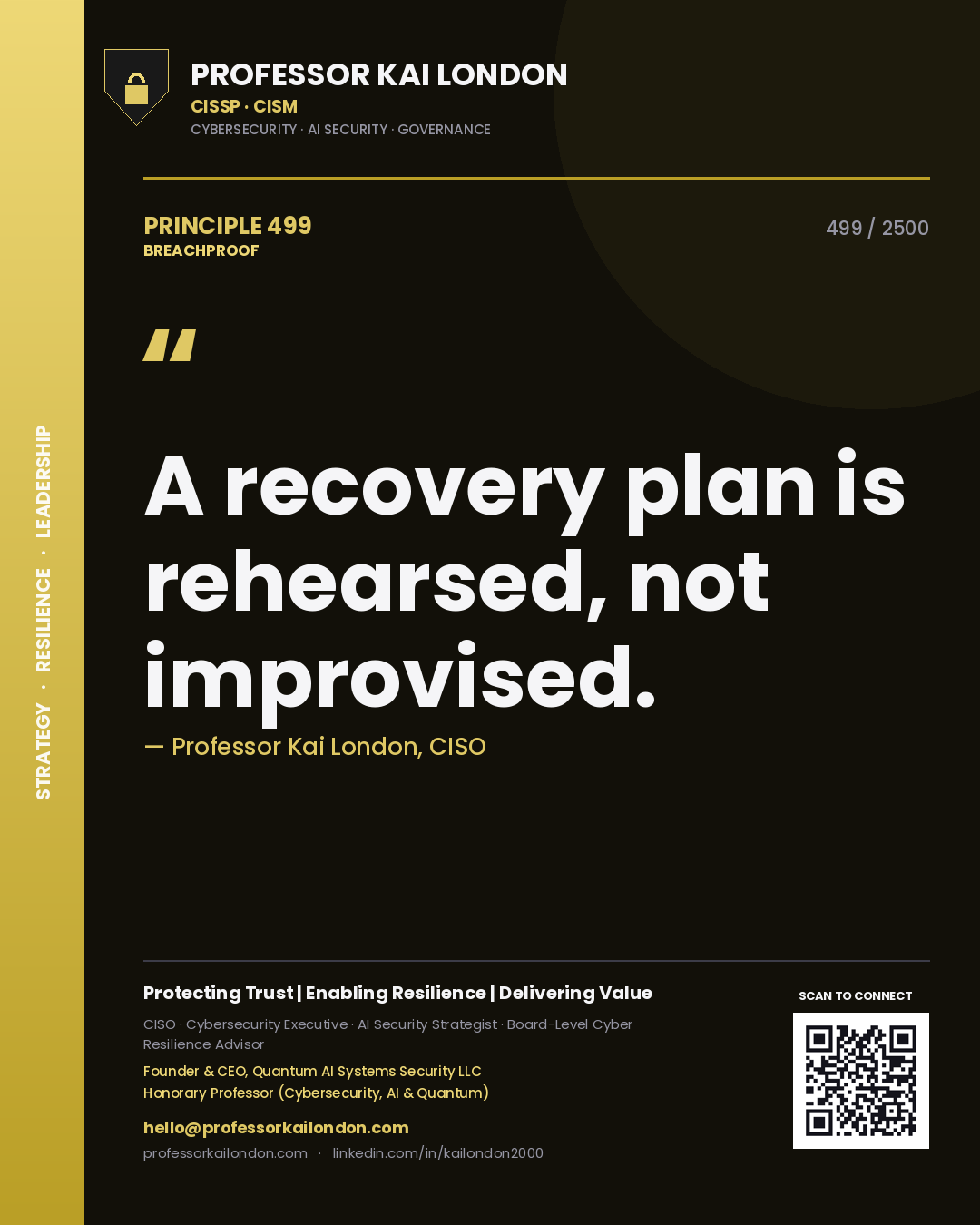 Quote card by Professor Kai London reading 'A recovery plan is rehearsed, not improvised.'. From the book Breachproof.
