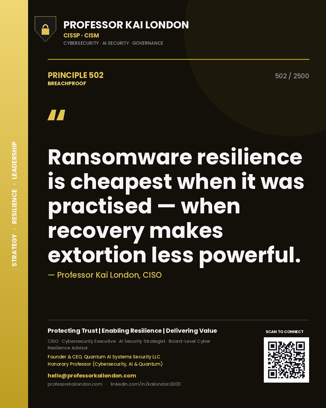 Quote card by Professor Kai London reading 'Ransomware resilience is cheapest when it was practised — when recovery makes extortion less powerful.'. From the book Breachproof.