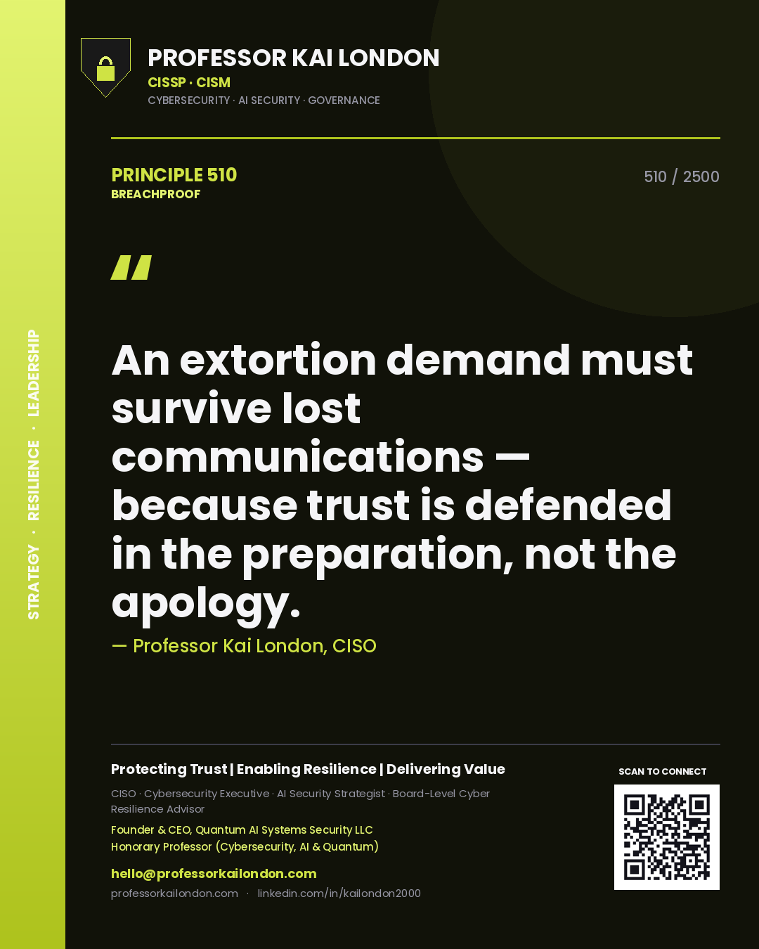 Professor Kai London principle 510: An extortion demand must survive lost communications — because trust is defended in the preparation, not the apology.