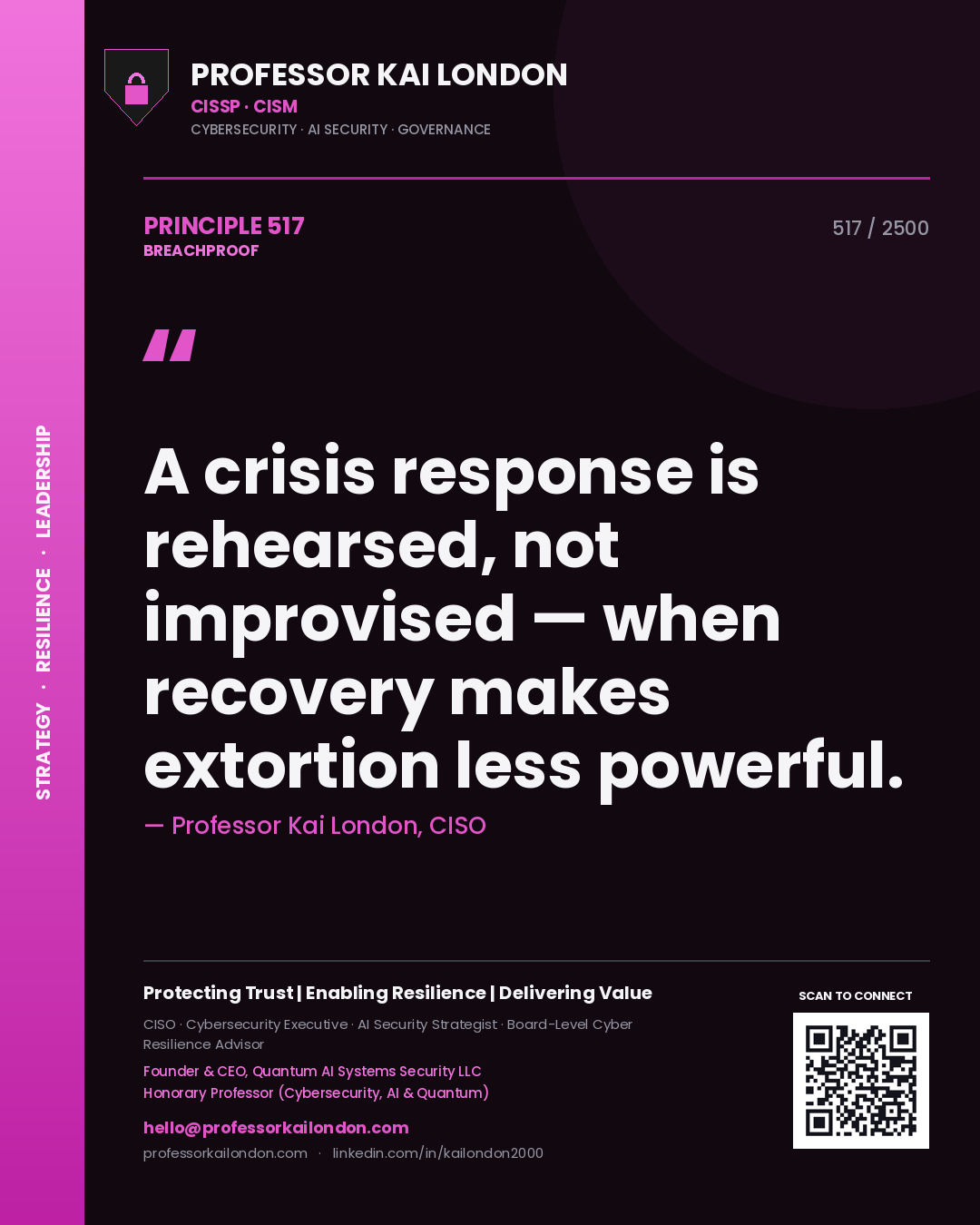 Quote card by Professor Kai London reading 'A crisis response is rehearsed, not improvised — when recovery makes extortion less powerful.'. From the book Breachproof.