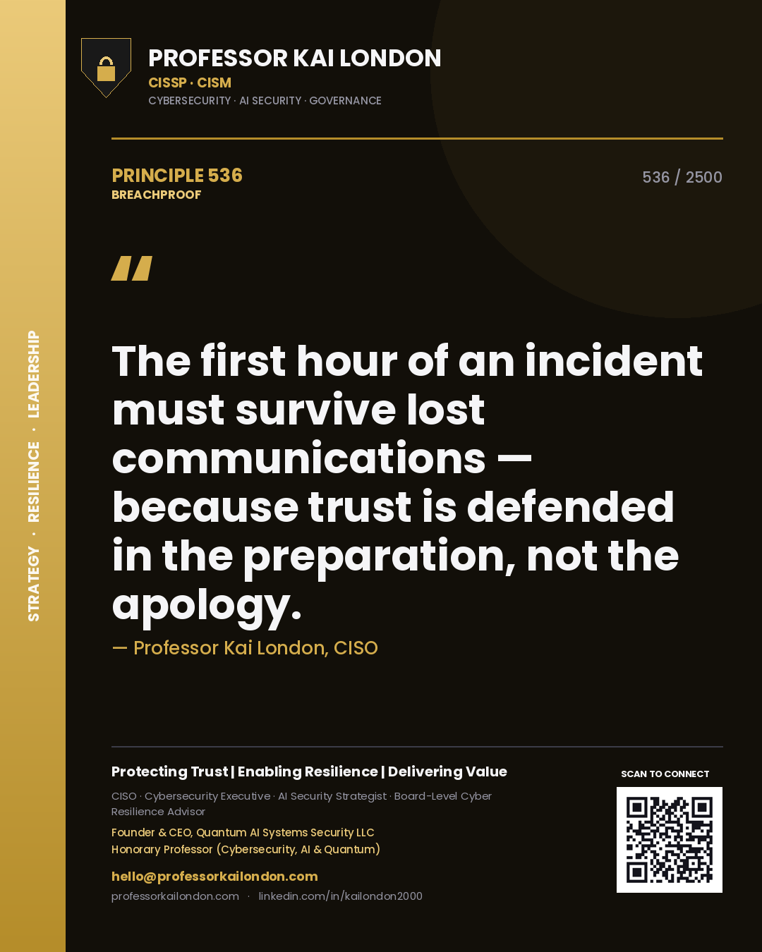 Quote card by Professor Kai London reading 'The first hour of an incident must survive lost communications — because trust is defended in the preparation, not the apology.'. From the book Breachproof.