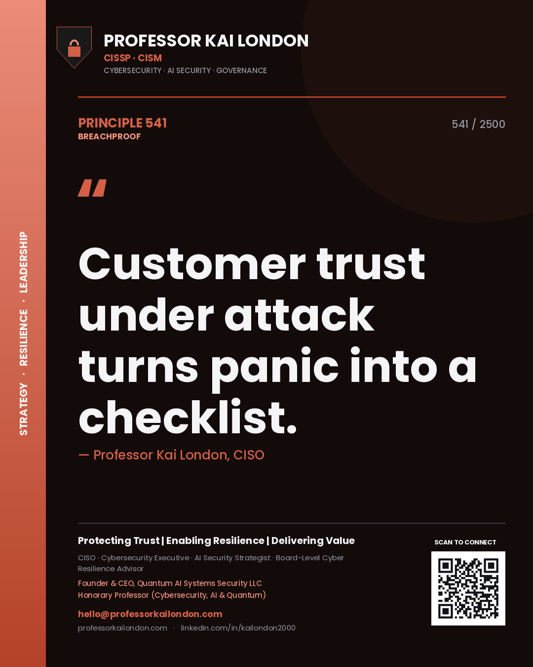 Quote card by Professor Kai London reading 'Customer trust under attack turns panic into a checklist.'. From the book Breachproof.