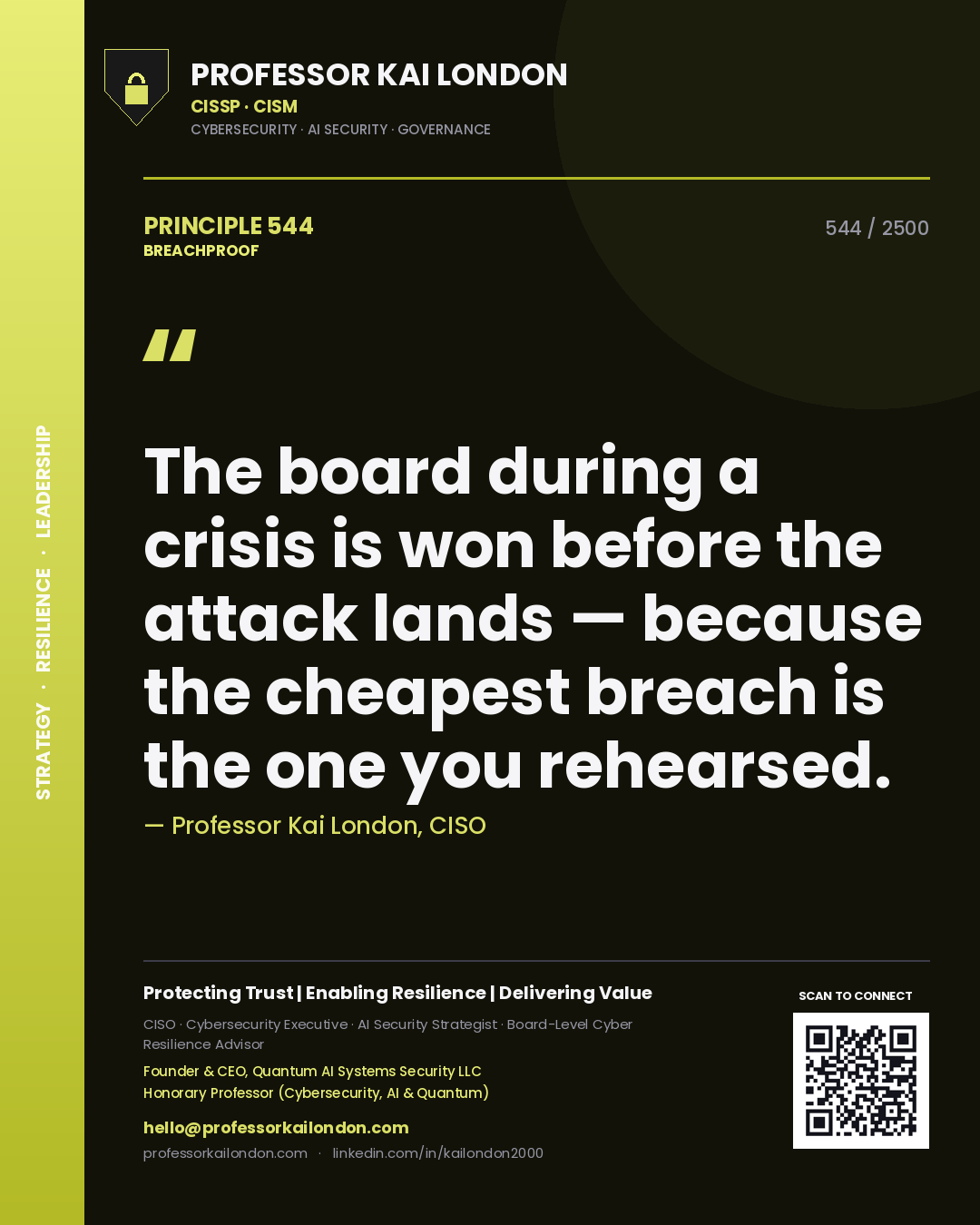 Quote card by Professor Kai London reading 'The board during a crisis is won before the attack lands — because the cheapest breach is the one you rehearsed.'. From the book Breachproof.