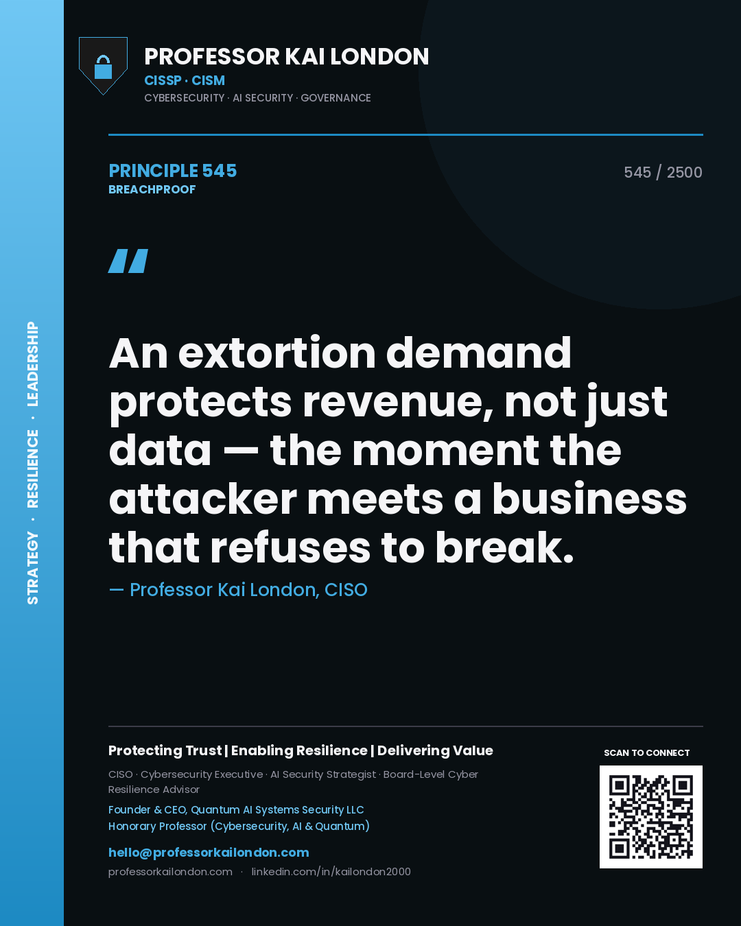 Professor Kai London principle 545: An extortion demand protects revenue, not just data — the moment the attacker meets a business that refuses to break.