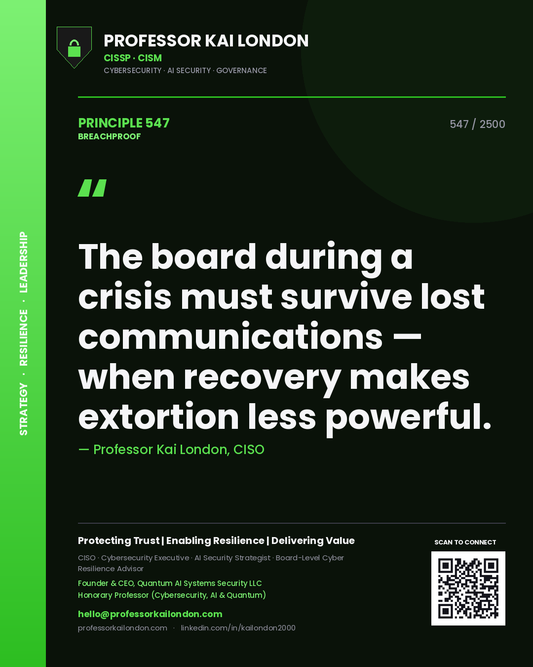 Quote card by Professor Kai London reading 'The board during a crisis must survive lost communications — when recovery makes extortion less powerful.'. From the book Breachproof.