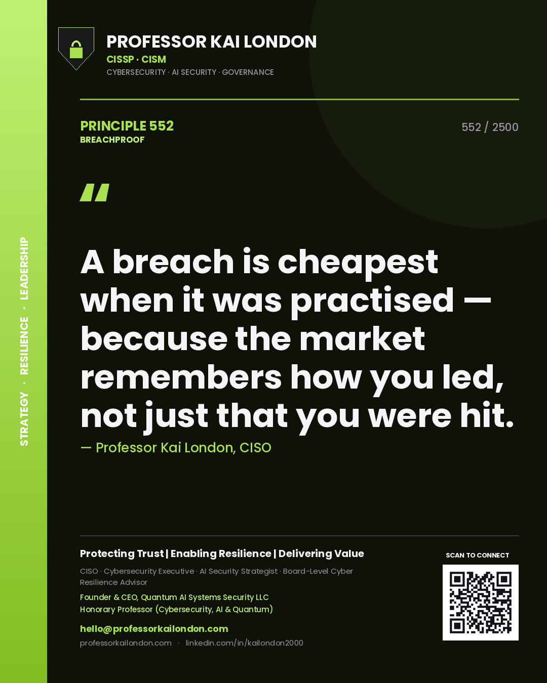 Professor Kai London principle 552: A breach is cheapest when it was practised — because the market remembers how you led, not just that you were hit.
