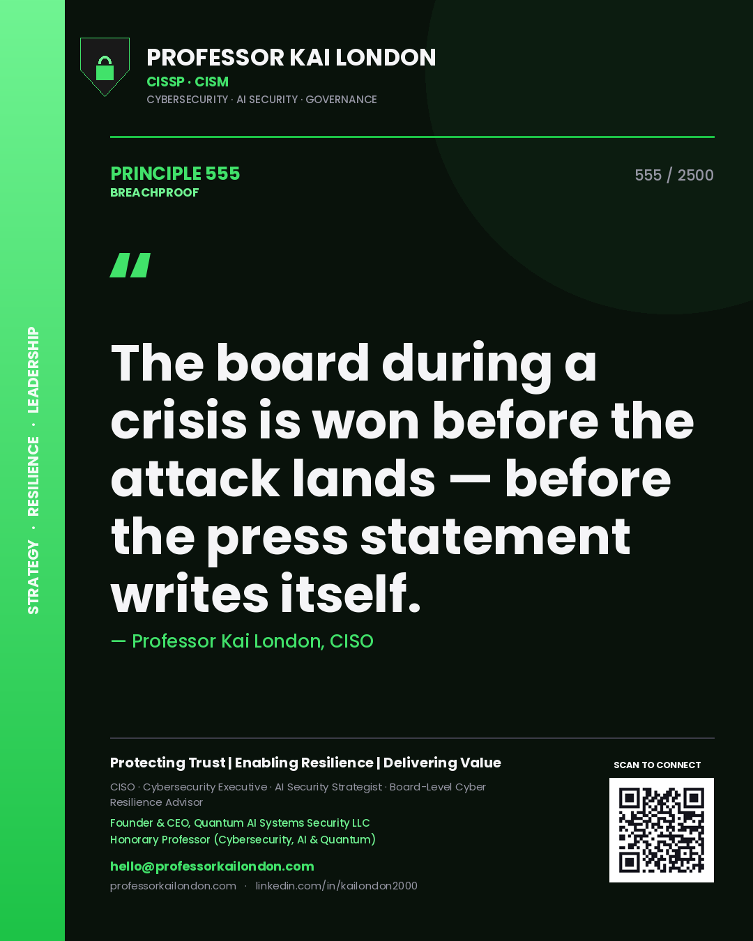 Quote card by Professor Kai London reading 'The board during a crisis is won before the attack lands — before the press statement writes itself.'. From the book Breachproof.