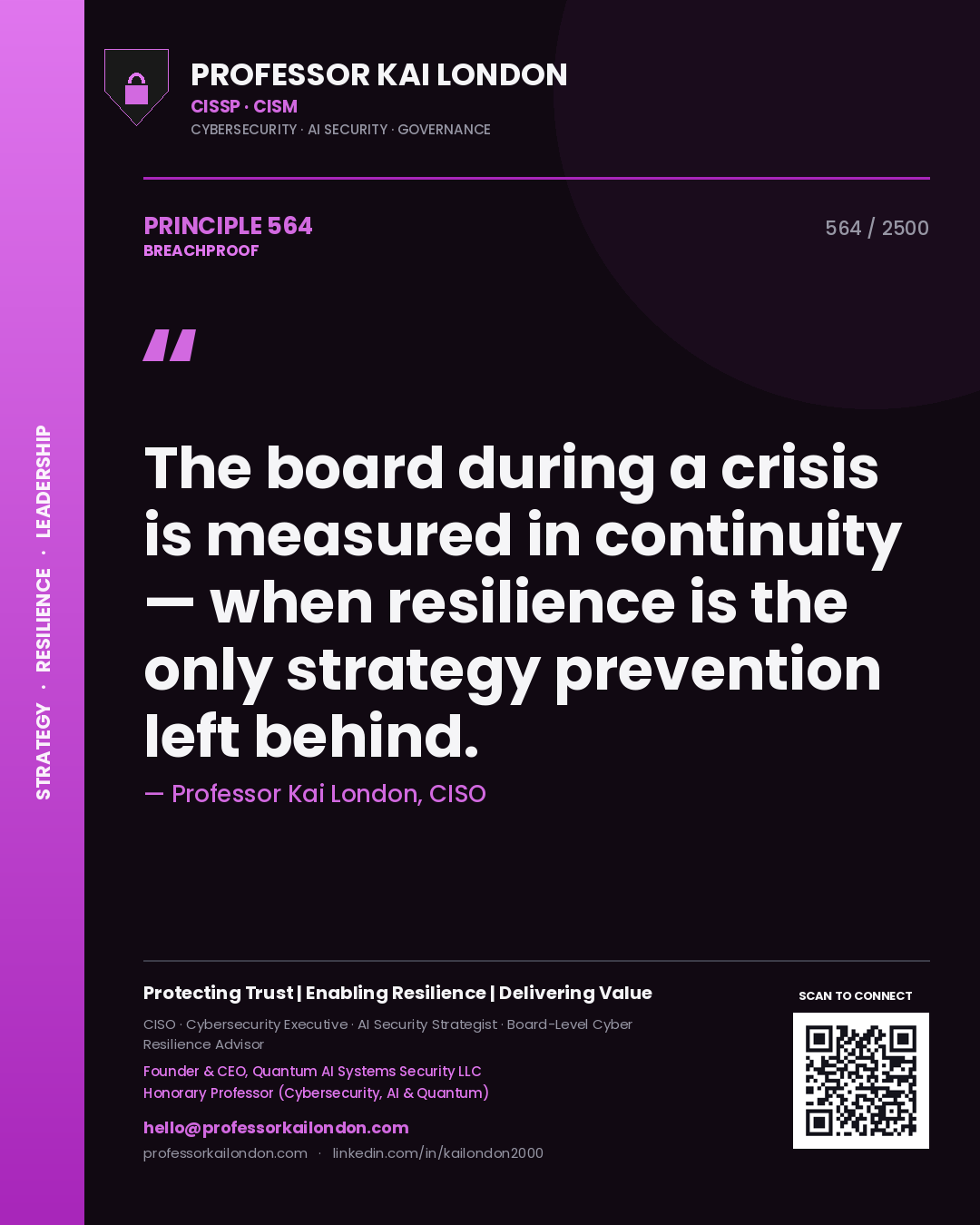 Quote card by Professor Kai London reading 'The board during a crisis is measured in continuity — when resilience is the only strategy prevention left behind.'. From the book Breachproof.
