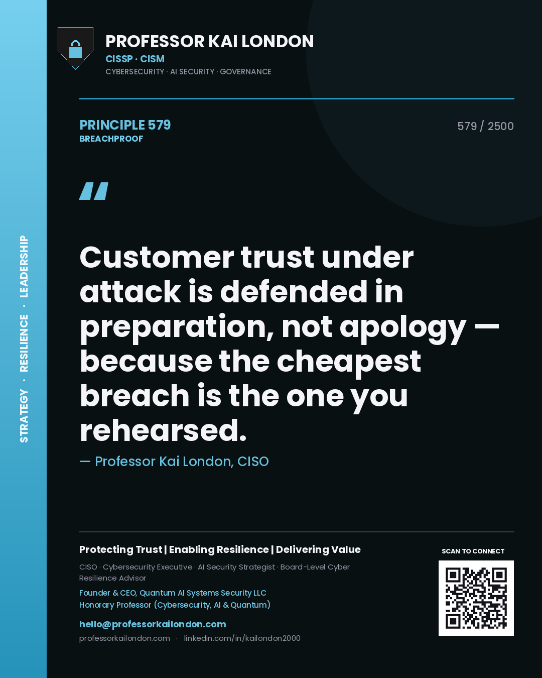 Quote card by Professor Kai London reading 'Customer trust under attack is defended in preparation, not apology — because the cheapest breach is the one you rehearsed.'. From the book Breachproof.