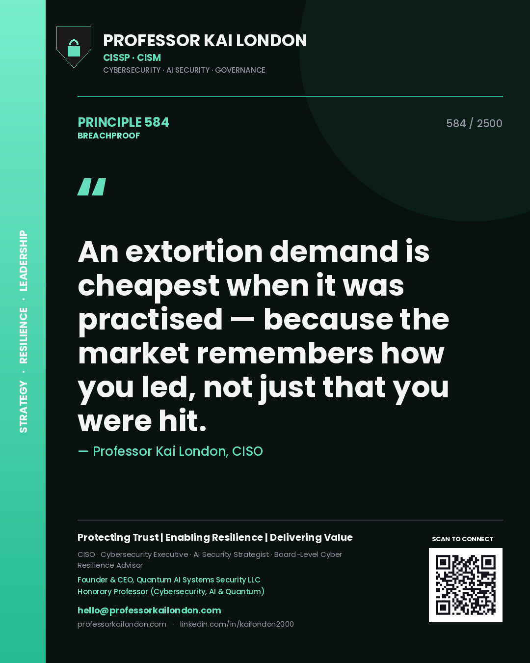 Quote card by Professor Kai London reading 'An extortion demand is cheapest when it was practised — because the market remembers how you led, not just that you were hit.'. From the book Breachproof.