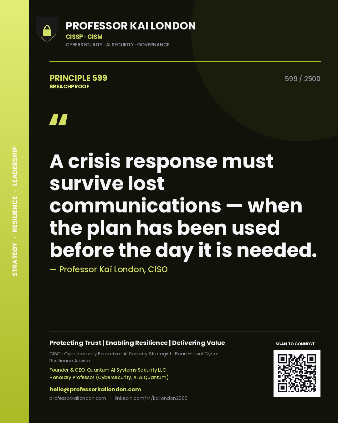 Quote card by Professor Kai London reading 'A crisis response must survive lost communications — when the plan has been used before the day it is needed.'. From the book Breachproof.
