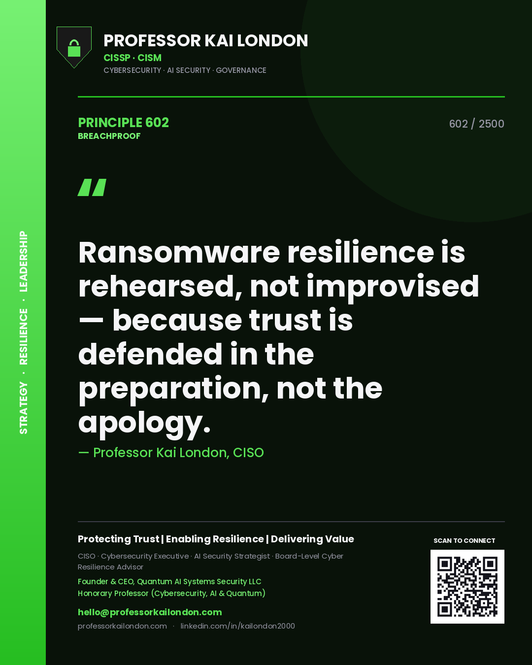 Professor Kai London principle 602: Ransomware resilience is rehearsed, not improvised — because trust is defended in the preparation, not the apology.