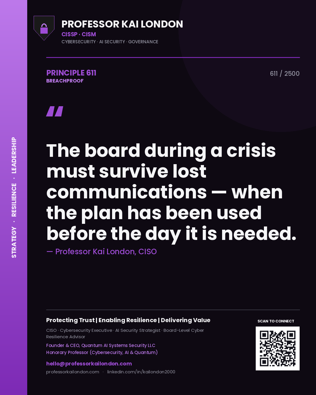 Quote card by Professor Kai London reading 'The board during a crisis must survive lost communications — when the plan has been used before the day it is needed.'. From the book Breachproof.