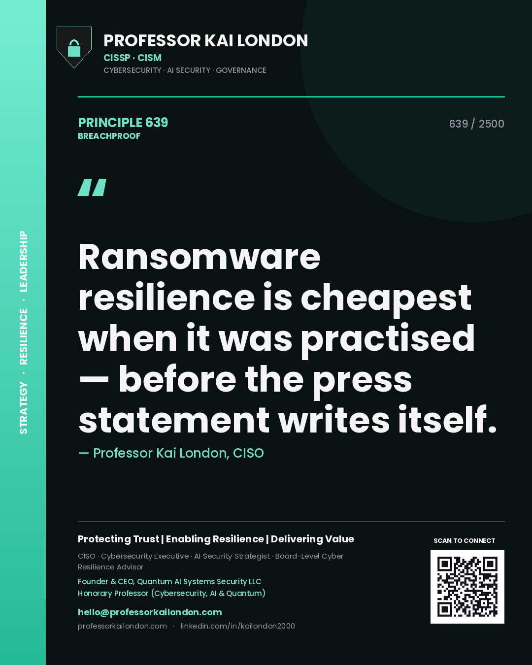 Quote card by Professor Kai London reading 'Ransomware resilience is cheapest when it was practised — before the press statement writes itself.'. From the book Breachproof.