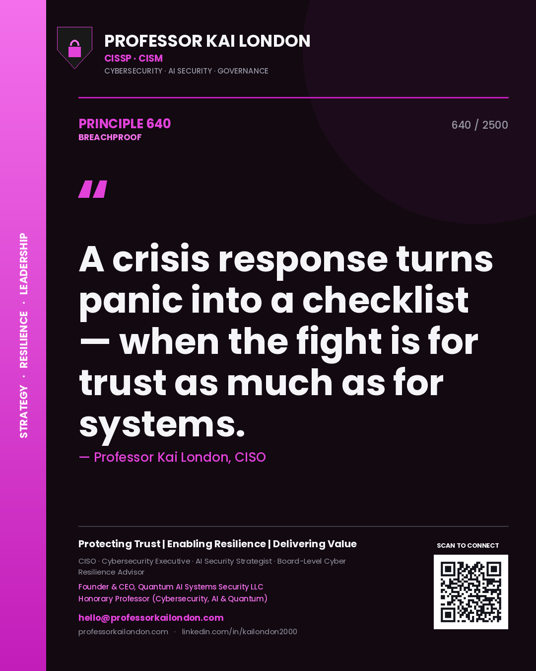 Quote card by Professor Kai London reading 'A crisis response turns panic into a checklist — when the fight is for trust as much as for systems.'. From the book Breachproof.