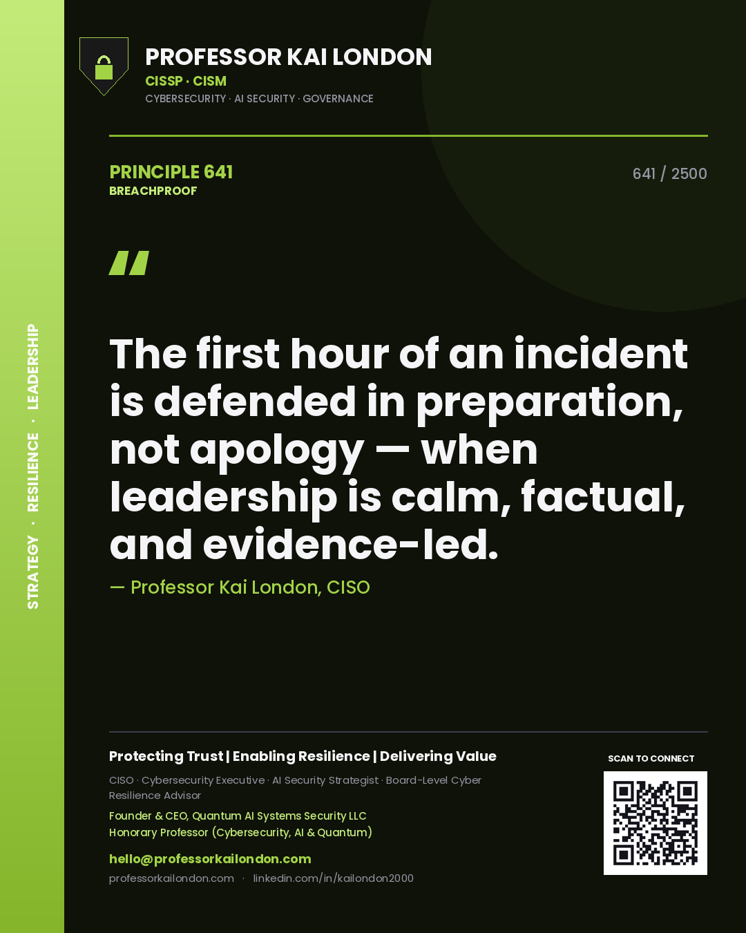 Quote card by Professor Kai London reading 'The first hour of an incident is defended in preparation, not apology — when leadership is calm, factual, and evidence-led.'. From the book Breachproof.