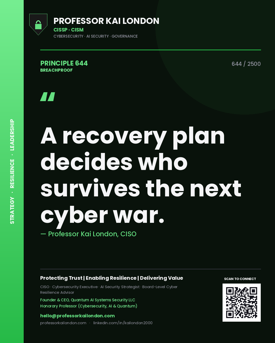 Professor Kai London principle 644: A recovery plan decides who survives the next cyber war.