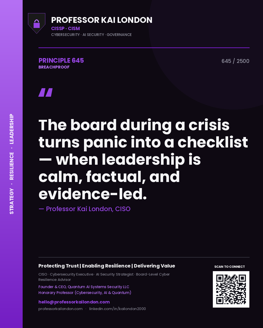 Quote card by Professor Kai London reading 'The board during a crisis turns panic into a checklist — when leadership is calm, factual, and evidence-led.'. From the book Breachproof.