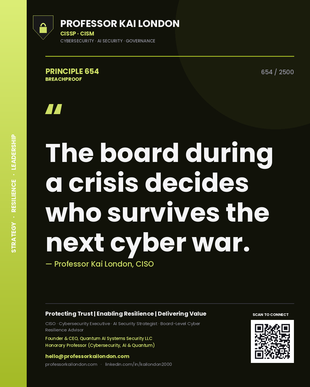 Quote card by Professor Kai London reading 'The board during a crisis decides who survives the next cyber war.'. From the book Breachproof.