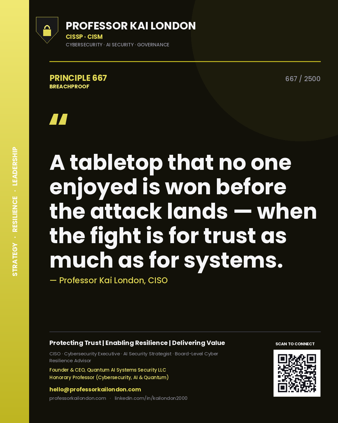 Professor Kai London principle 667: A tabletop that no one enjoyed is won before the attack lands — when the fight is for trust as much as for systems.