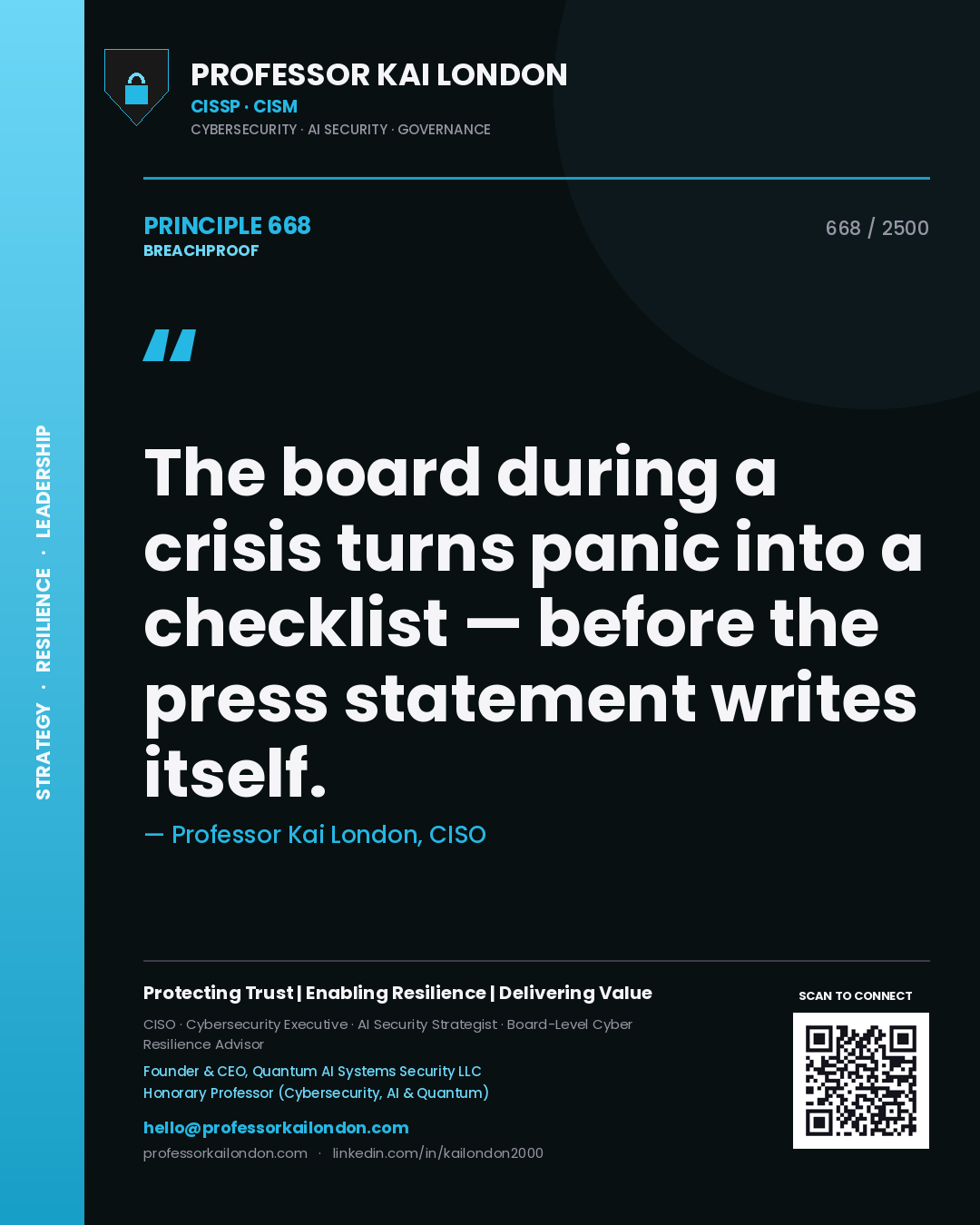 Quote card by Professor Kai London reading 'The board during a crisis turns panic into a checklist — before the press statement writes itself.'. From the book Breachproof.
