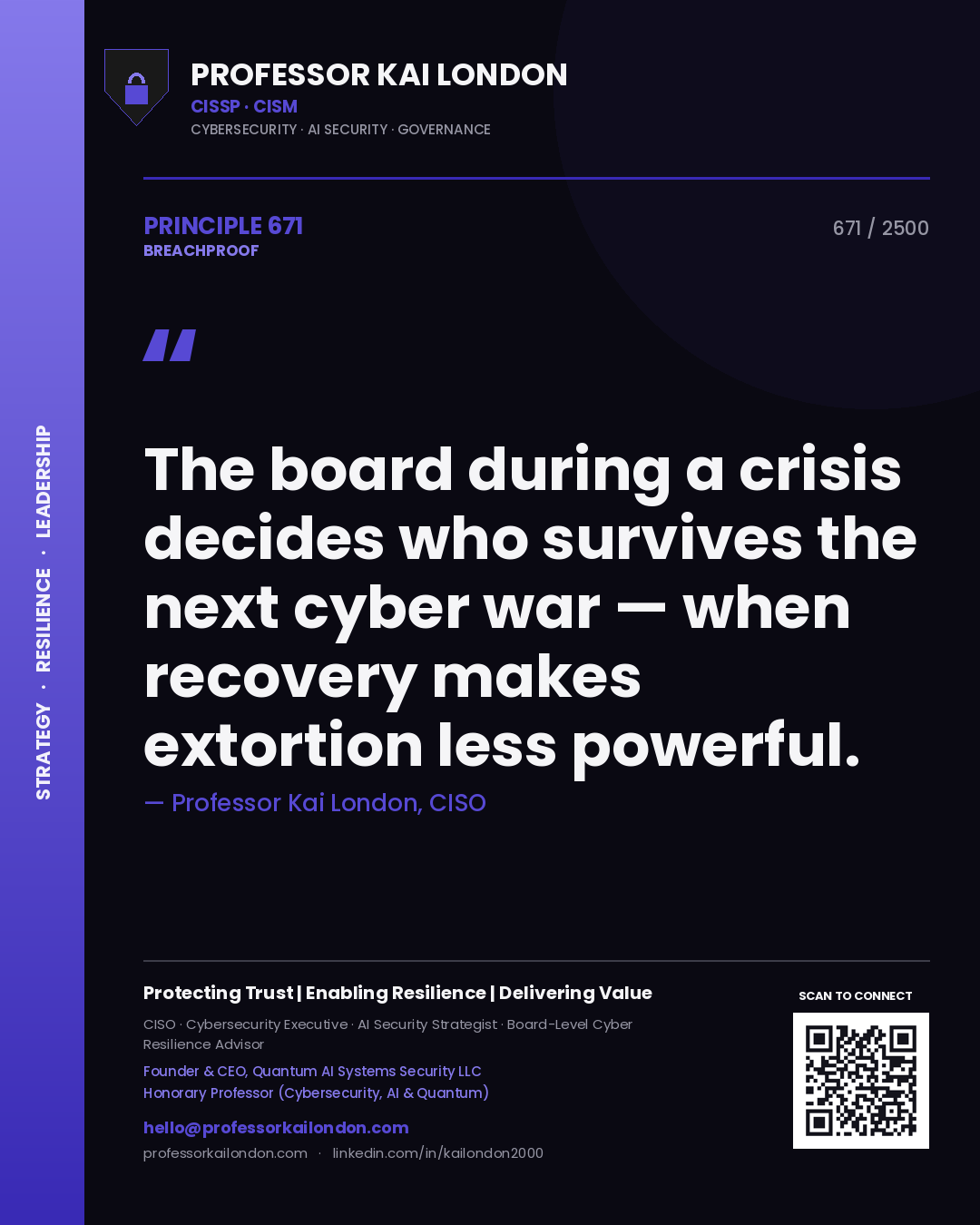 Professor Kai London principle 671: The board during a crisis decides who survives the next cyber war — when recovery makes extortion less powerful.
