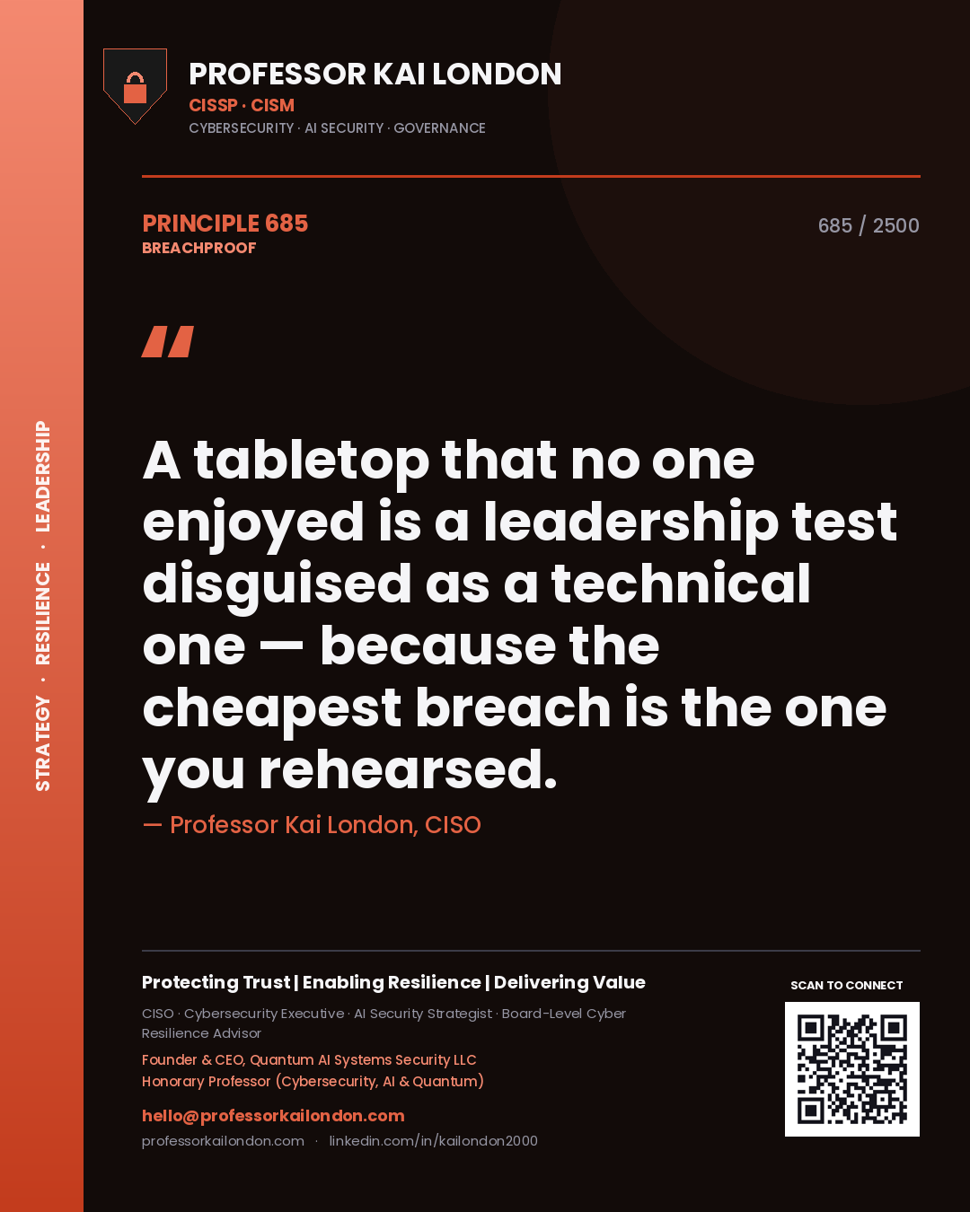 Professor Kai London principle 685: A tabletop that no one enjoyed is a leadership test disguised as a technical one — because the cheapest breach is the one you rehearsed.