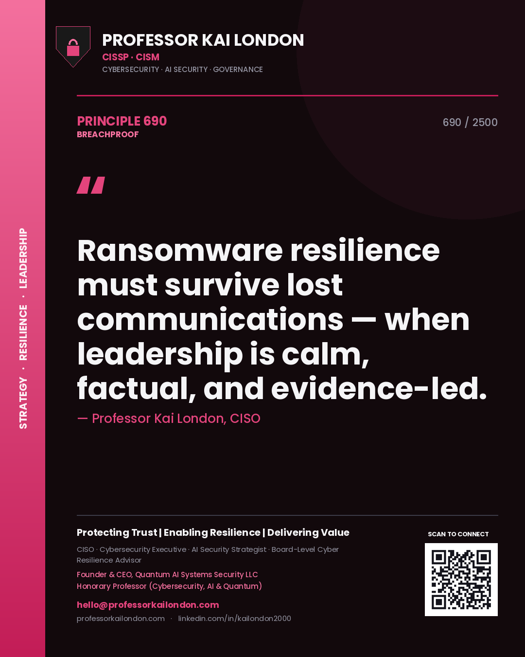 Professor Kai London principle 690: Ransomware resilience must survive lost communications — when leadership is calm, factual, and evidence-led.