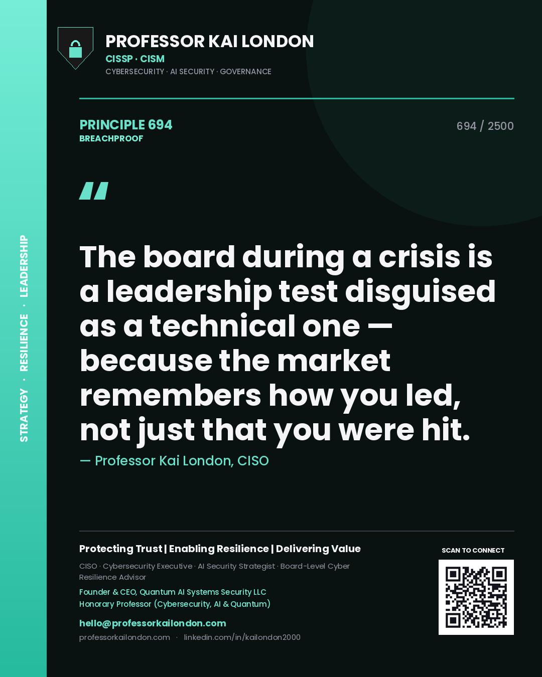 Quote card by Professor Kai London reading 'The board during a crisis is a leadership test disguised as a technical one — because the market remembers how you led, not just that you were hit.'. From the book Breachproof.