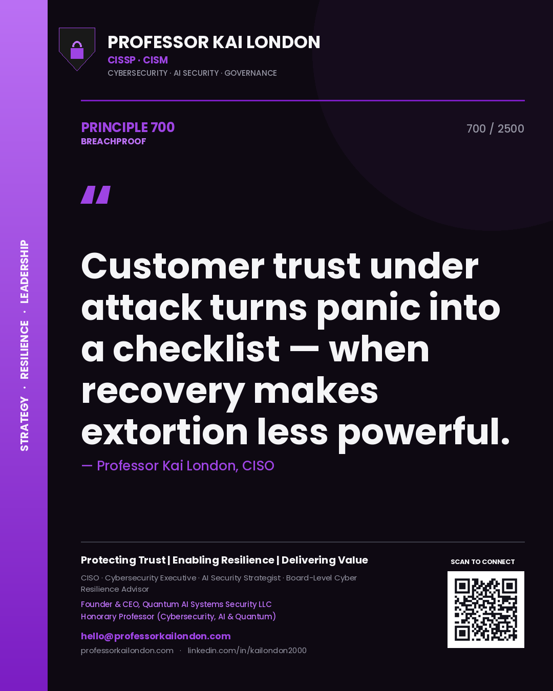 Professor Kai London principle 700: Customer trust under attack turns panic into a checklist — when recovery makes extortion less powerful.
