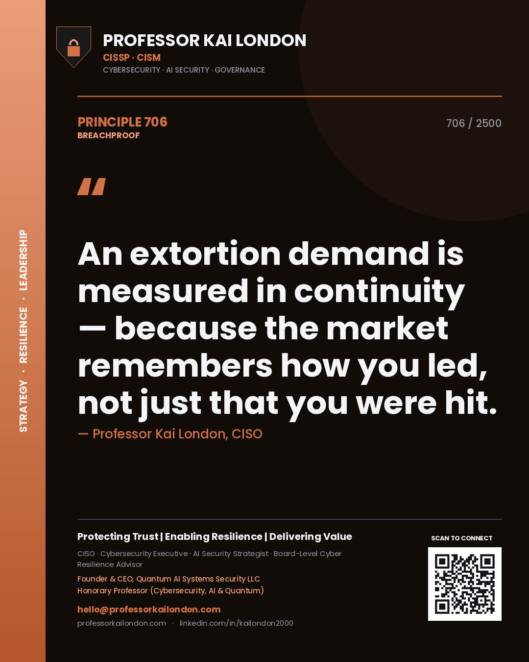 Professor Kai London principle 706: An extortion demand is measured in continuity — because the market remembers how you led, not just that you were hit.