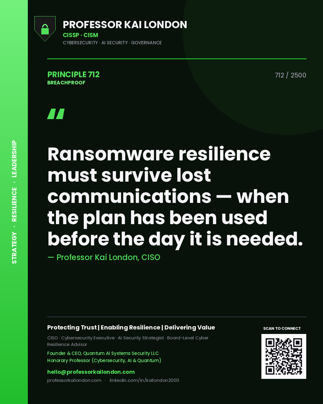 Quote card by Professor Kai London reading 'Ransomware resilience must survive lost communications — when the plan has been used before the day it is needed.'. From the book Breachproof.