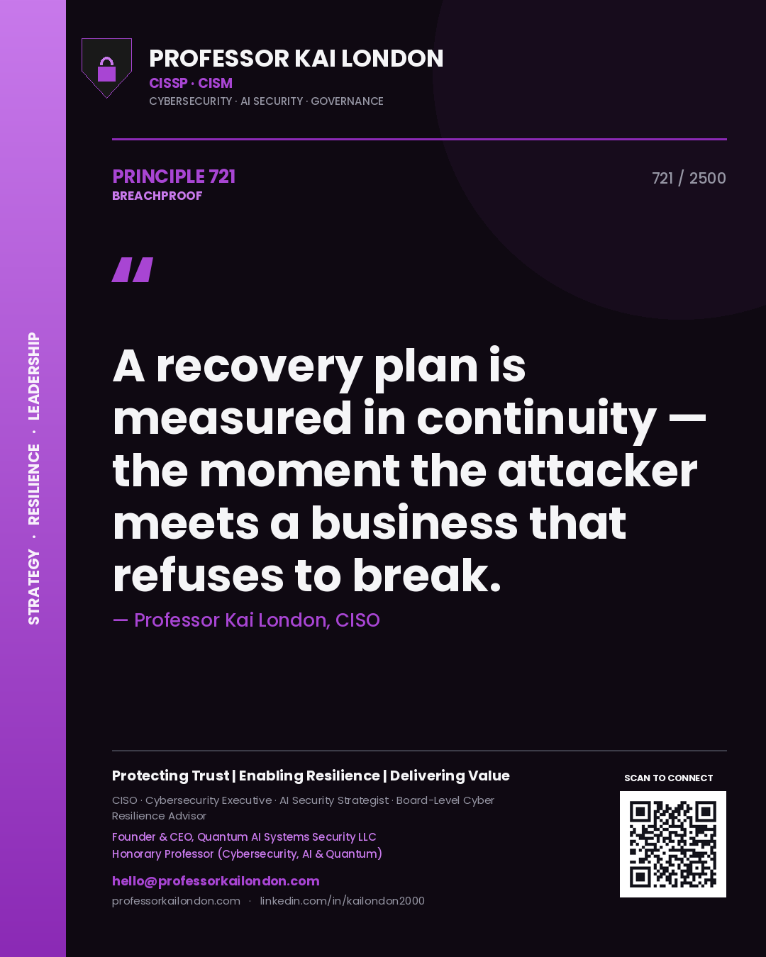 Quote card by Professor Kai London reading 'A recovery plan is measured in continuity — the moment the attacker meets a business that refuses to break.'. From the book Breachproof.